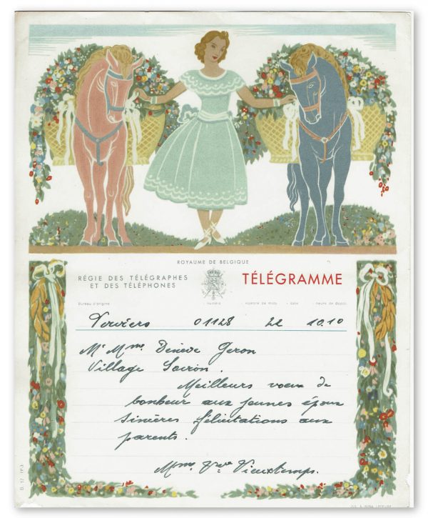 vintage kunst telegram vrouwe met 2 paarden