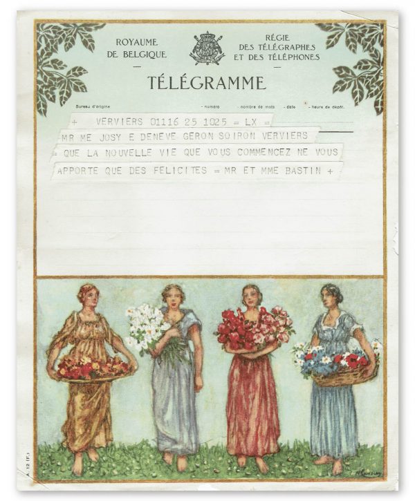 vintage kunst telegram met vier vrouwen en bloemen